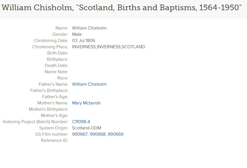 03 Jul 1806 christening William Chisholm, -Scotland, Births and Baptisms, 1564-1950