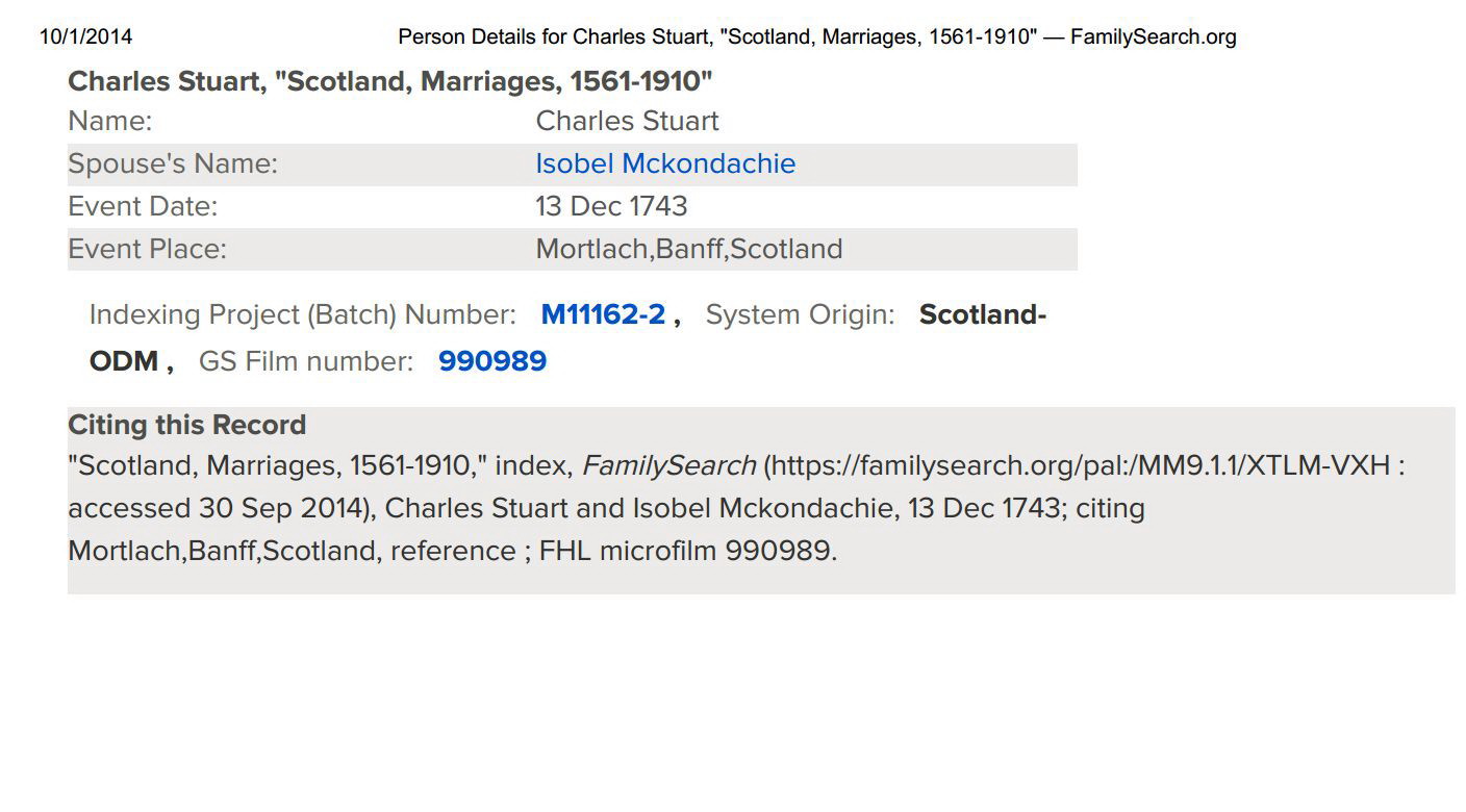 13 Dec 1743 marriage charles stuart and isobel mckondachie