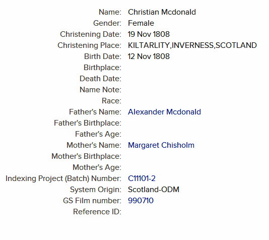 1808 birth and christening christian (christina) mcdonald