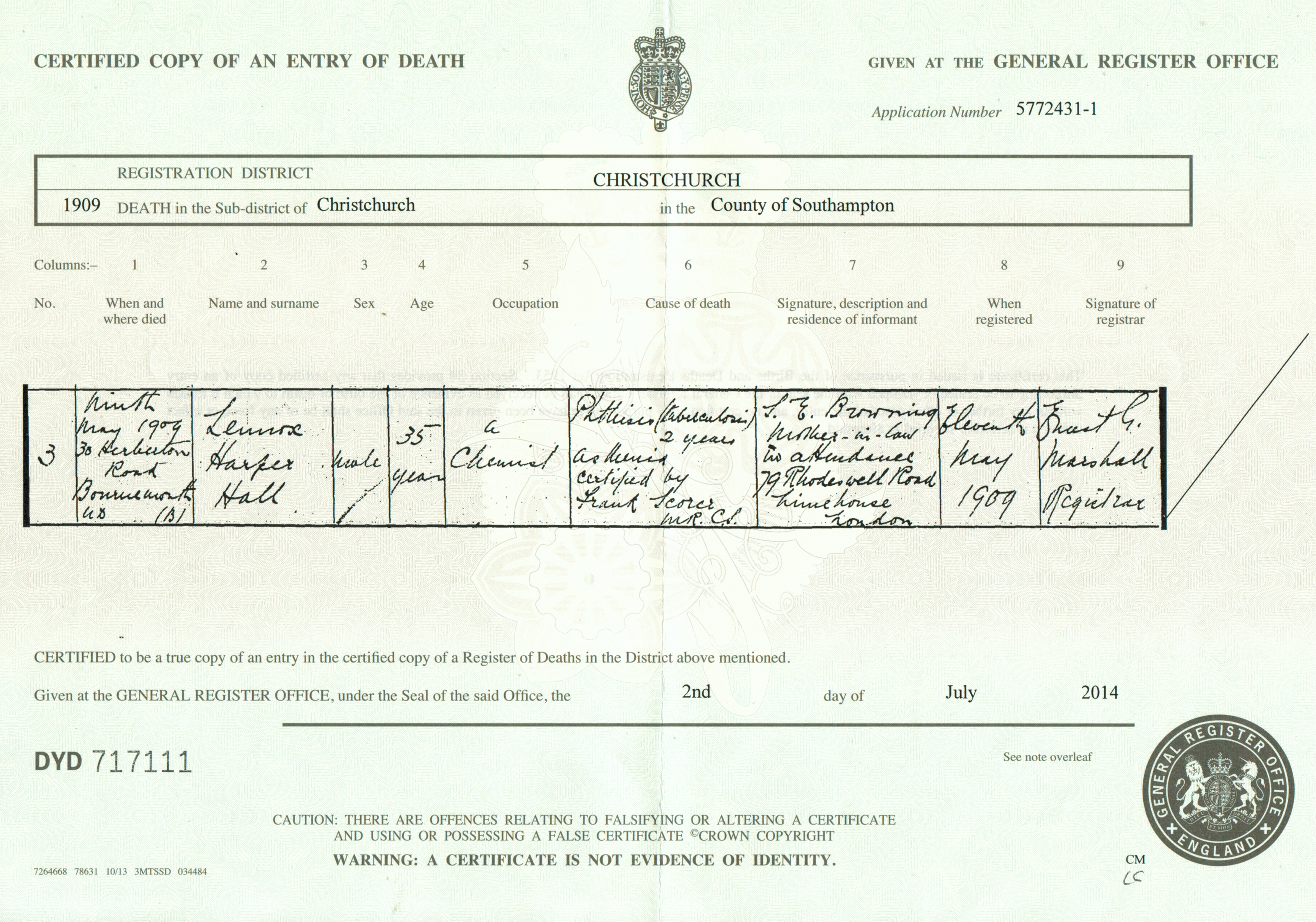 1909 - Death - HALL Lennox Harper 09.05.1909