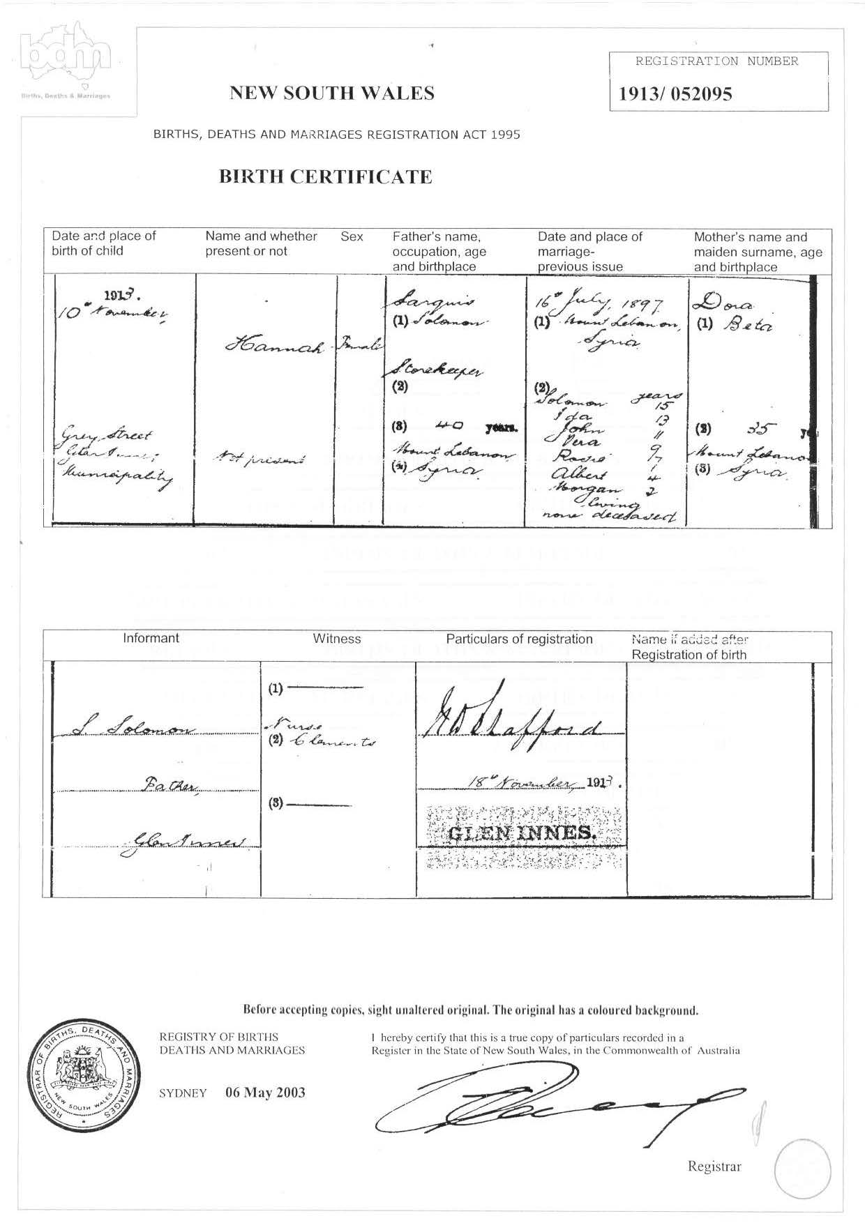 1913 - Birth - SOLOMON Veronica 10 Nov 2013