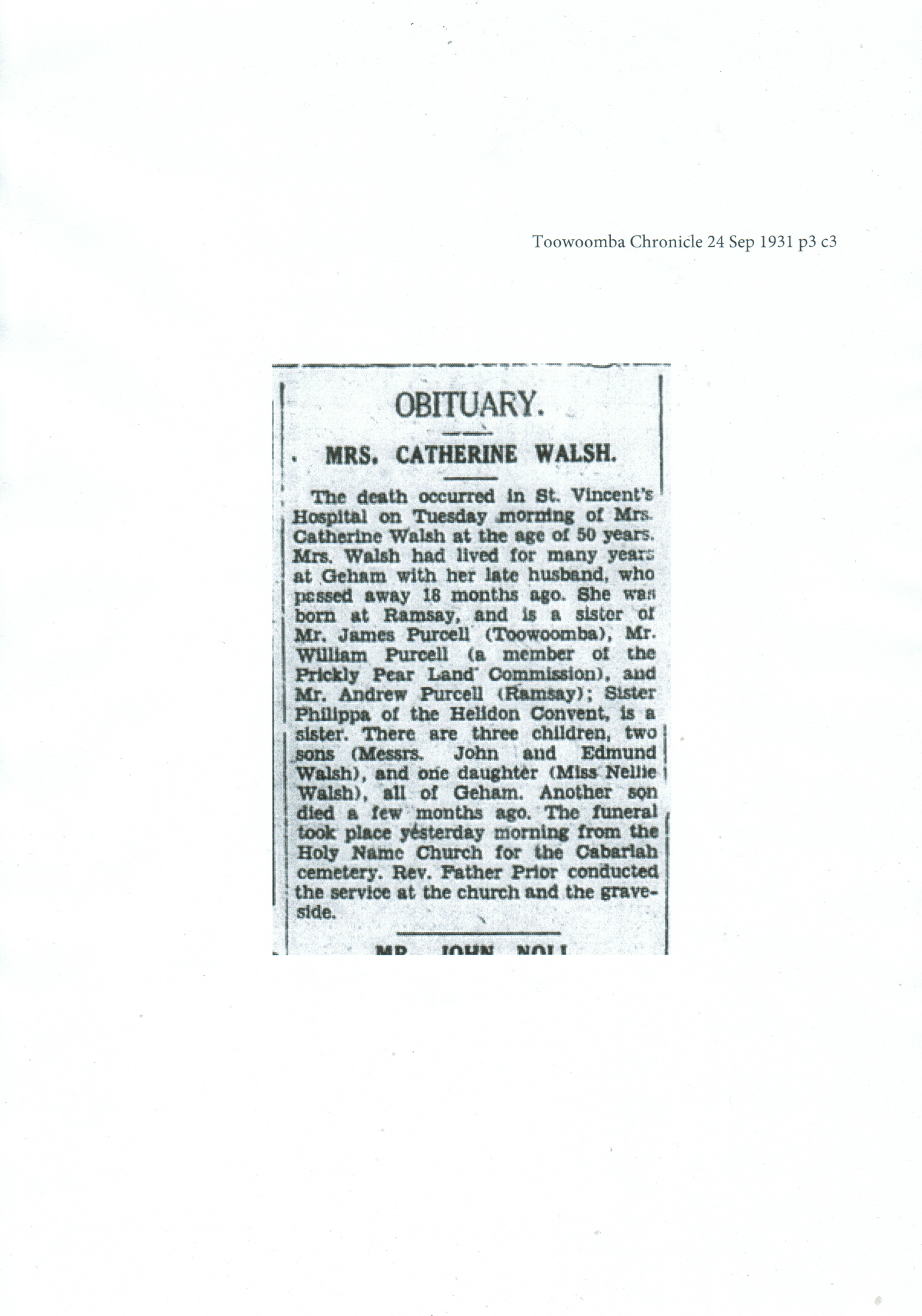 1931 - Catherine Walsh - Obituary
