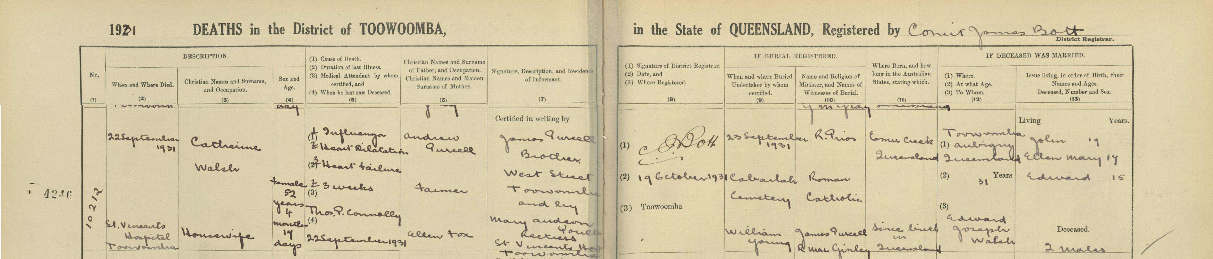 1931 - Death - Catherine Walsh 22.09.1931