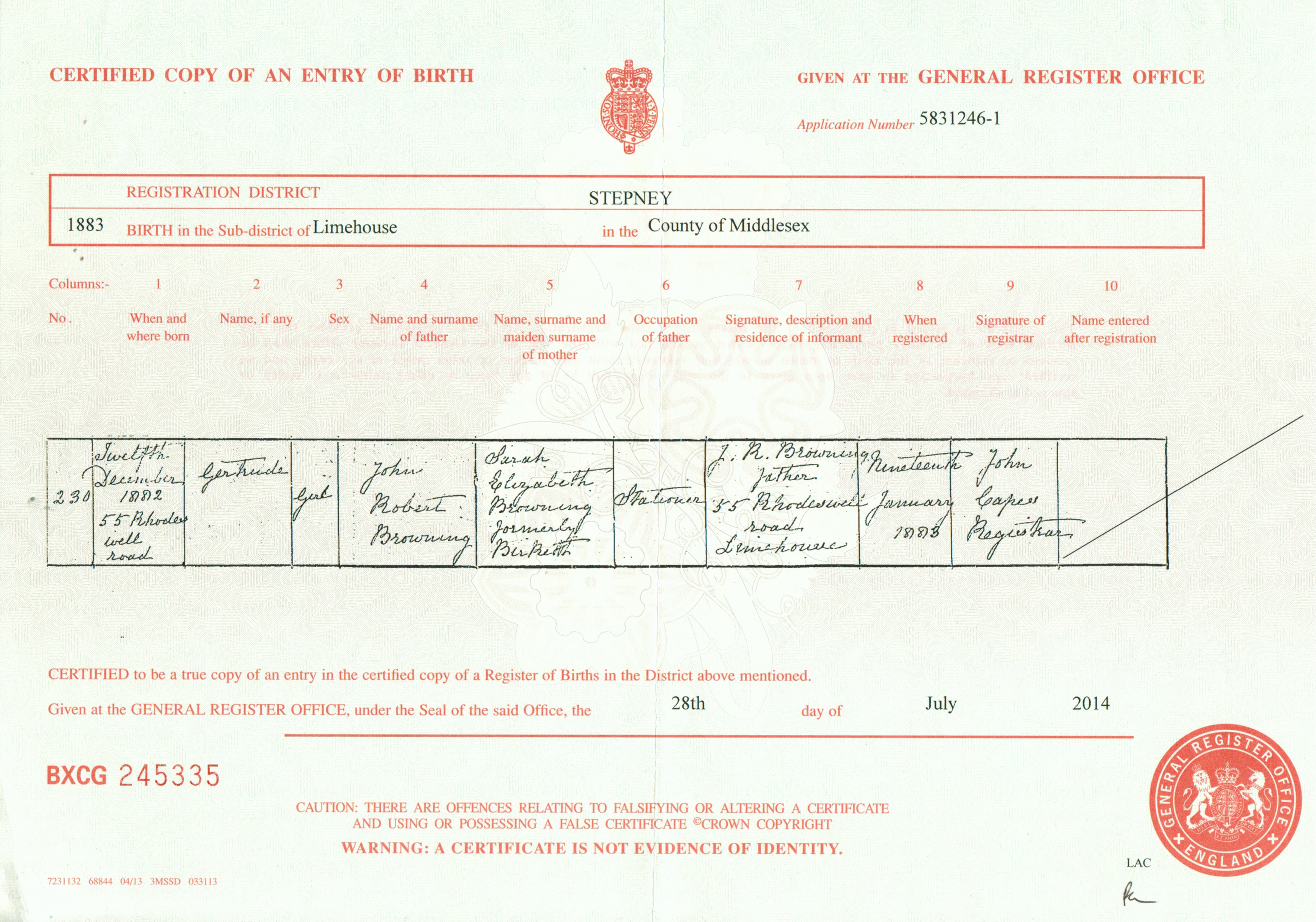 Birth - Gertrude Browning 12.12.1882