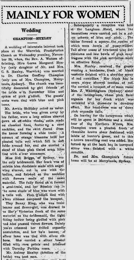 CHAMPION - HUXLEY - WEDDING - 23 Nov 1935