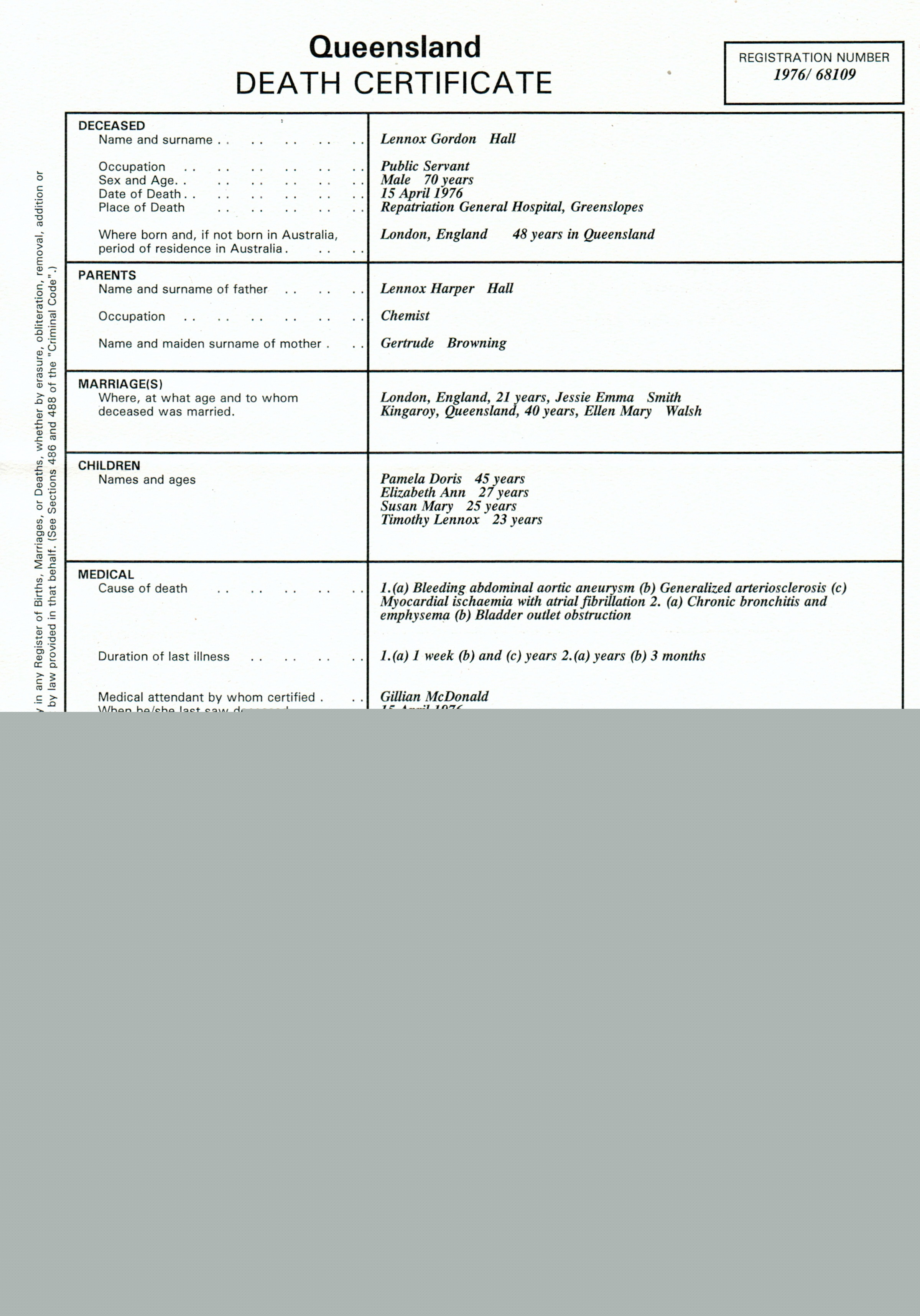 Death Certificate Lennox Gordon Hall 15.04.1976