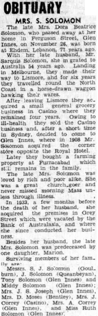 Dora Beatrice Solomon Obituary, Glen Innes Examiner, NSW, Wednesday 10 December 1952, page 1