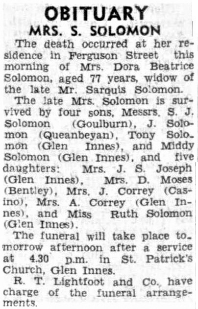 Dora Beatrice Solomon Obituary, Glen Innes Examiner, NSW, Wednesday 26 November 1952, page 1